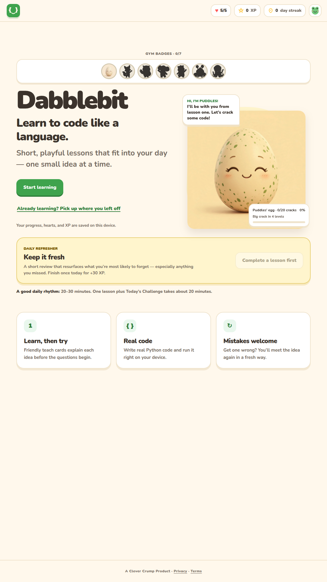 Dabblebit home: your egg, your badges, your streak