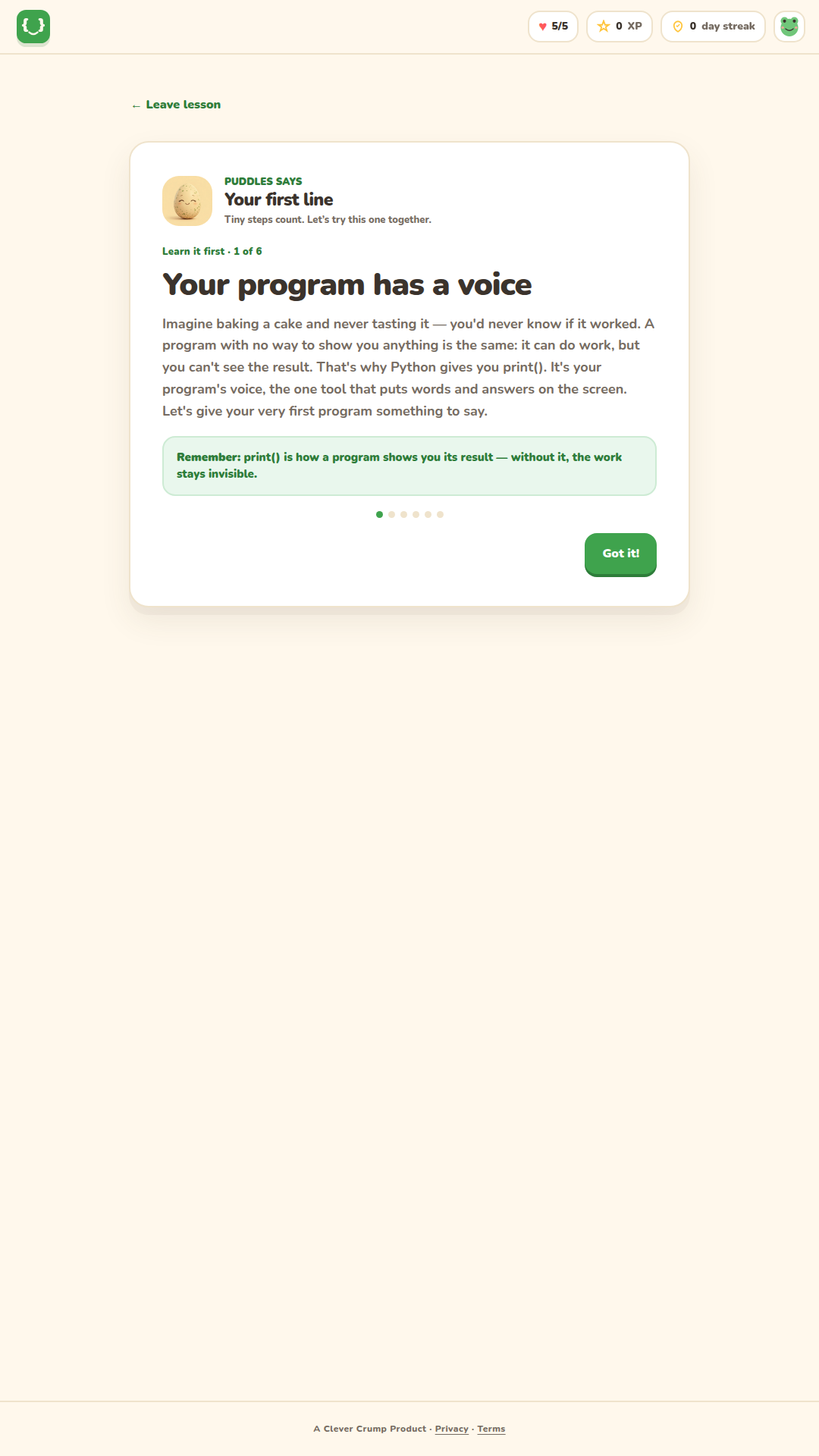 Dabblebit teach card: Puddles explains your first line of Python